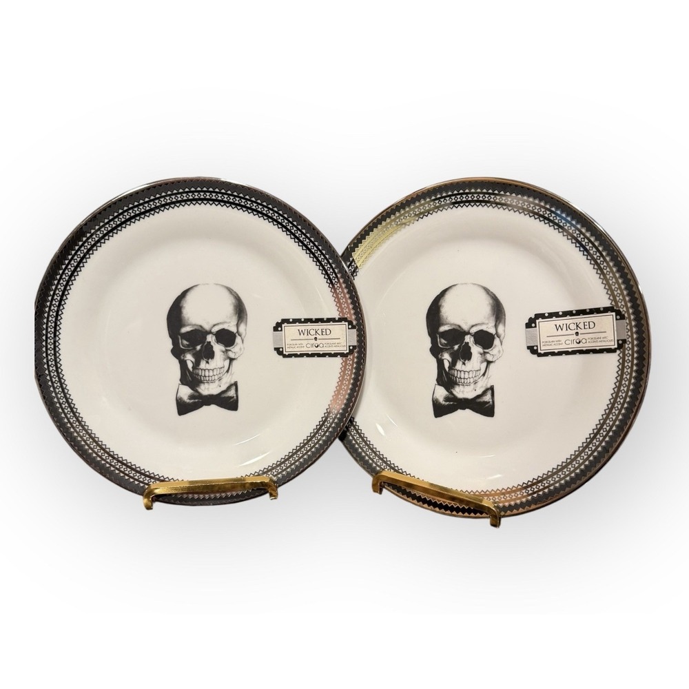 Five Ciroa WICKED Salad Plates 7-1/2" Skull Elegant Silver Goth Halloween